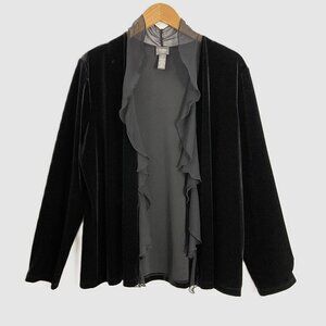 Chico's Travelers Collection Velvet Ruffle Trim Open Front Cardigan Jacket